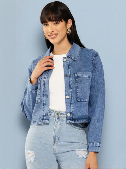 Women's Blue Washed Distressed Crop Denim Jacket