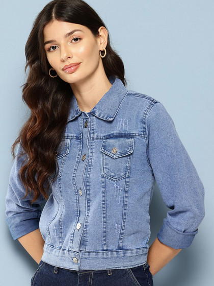 Women's Blue Washed Distressed Crop Denim Jacket