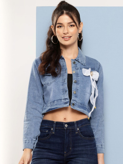 Women's Blue Washed Distressed Crop Denim Jacket