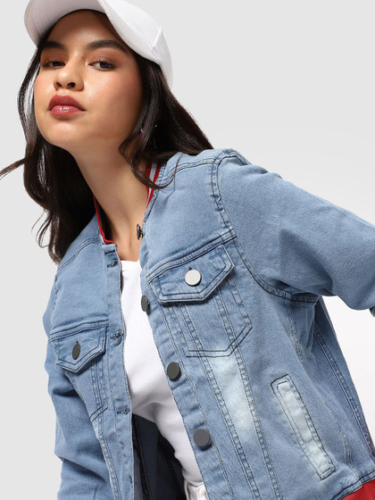 Women's Blue Washed Distressed Crop Denim Jacket