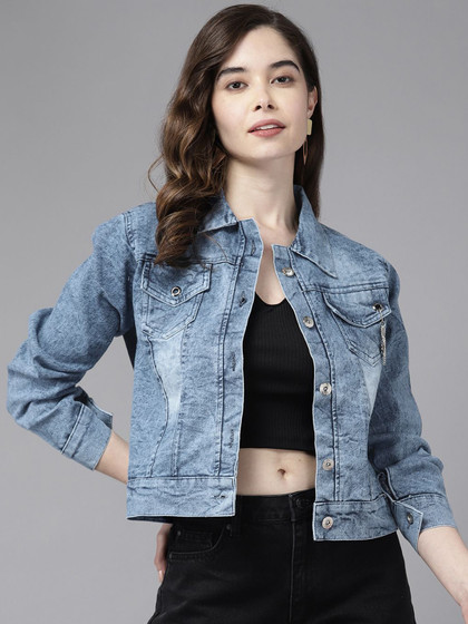 Women's Blue Washed Distressed Crop Denim Jacket