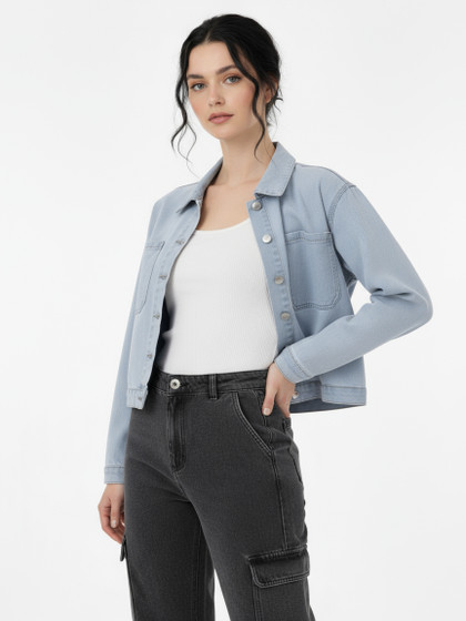 Women's Blue Washed Distressed Crop Denim Jacket